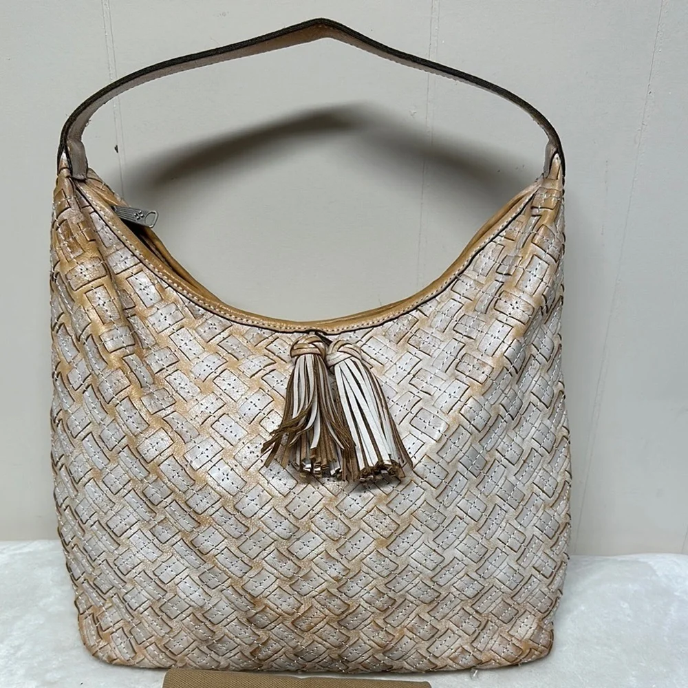 PATRICIA NASH White & Brown BRAIDED STITCH Leather MARCELLINA Hobo Bag